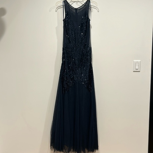 BASIX Black Label Navy Blue Sequin Sheer panel maxi down women’s size 6 - Picture 1 of 8